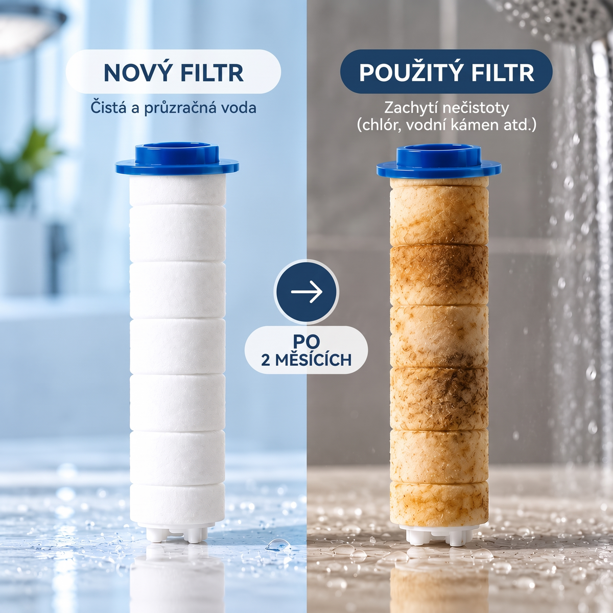 Nový filtr a použitý filtr po 2 měsících